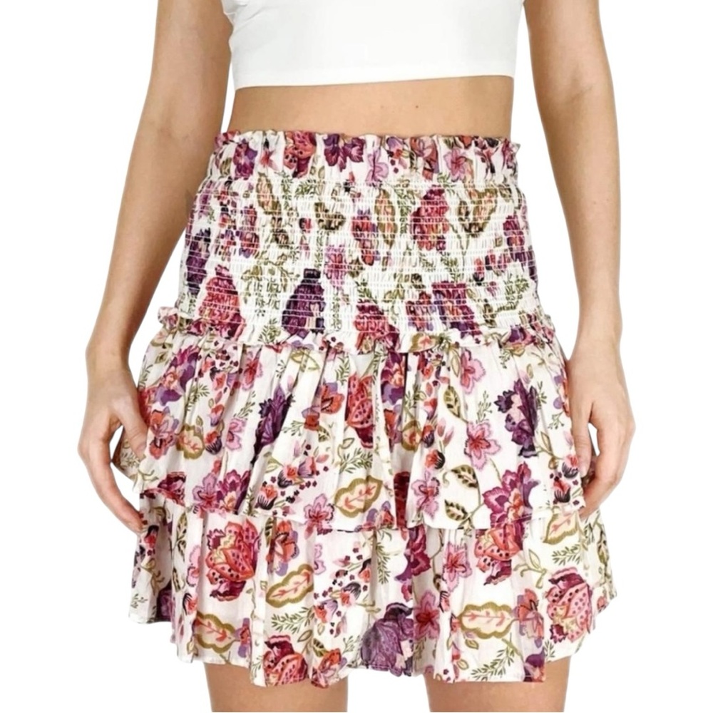 House of Harlow 1960 Smocked Waist Tiered Mini Skirt Ruffle Cotton Floral Medium
